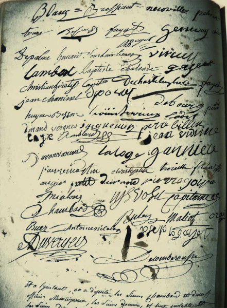 Signatures des membres du conseil municipal  et des citoyens de Villeurbanne, lors d'une assemblée extraordinaire, en l'église de Cusset, le 21 février 1791.